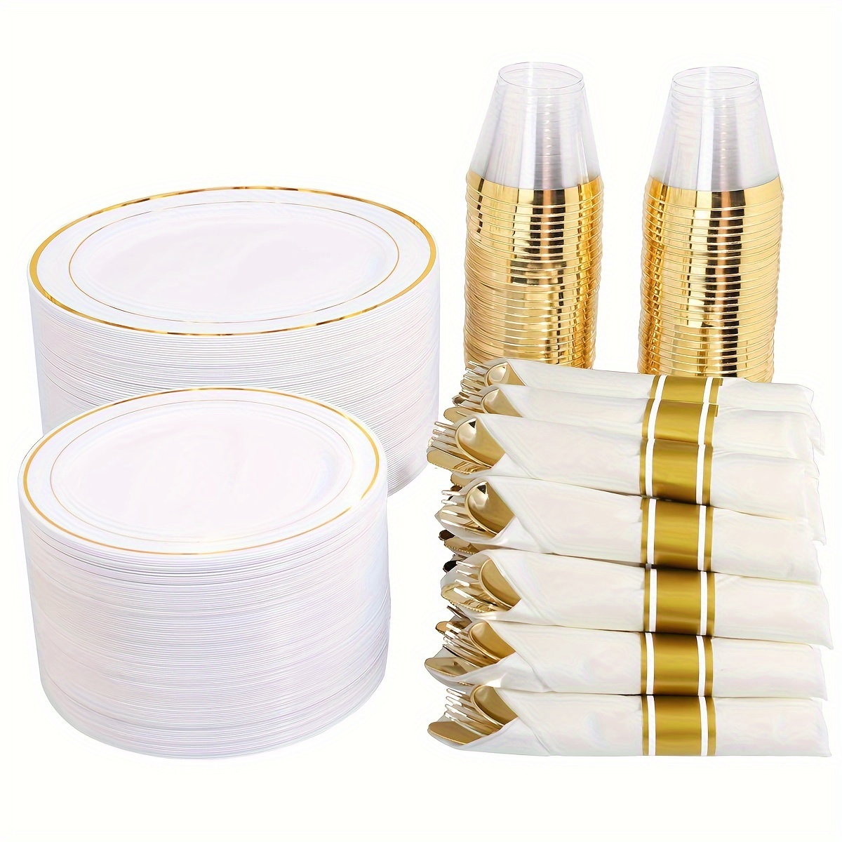 

700 Golden Plastic Plates With Disposable Silverware And Cups, Including: 10.25" Dinner Plates, 7.5" Dessert Plates, 9oz Golden Rimmed Cups, Pre-rolled Napkins And Cutlery