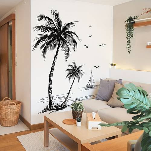 zeitgenössische palmenbaum- und segelboot-wandaufkleber, 2er-set (je 30*90cm), schwarze silhouette möwen-vinyl-wandaufkleber, selbstklebende tropische dekoration für wohnzimmer (ms3267-yl)