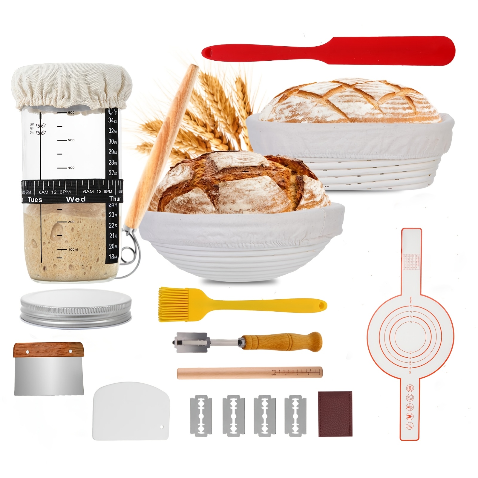 TEMU Bread Fermentation Basket Set, Approximately 10 "oval And Approximately 10" Round Fermentation Basket Set, Yeast Starter Pot Set, Complete Bread