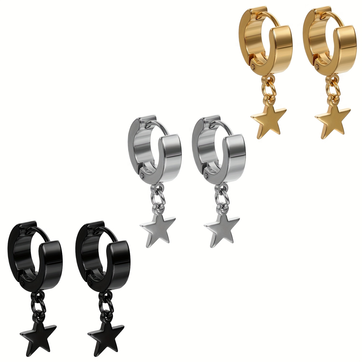 TEMU 3 Pairs Of Fashionable 304 Stainless Steel Earring Set, Suitable For Men And Women, With Multiple Colors From, Suitable For Daily Or Party Use,