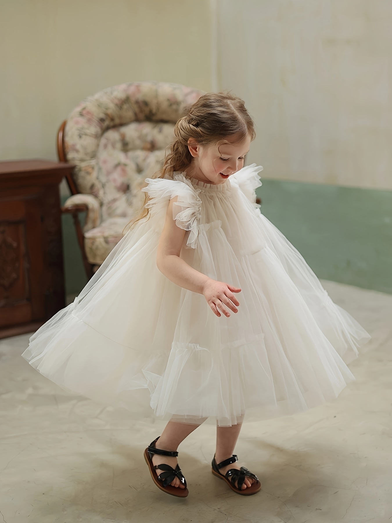Ugitopi Meisjes tulejurk met katoenen voering – Elegant A-lijn feestjurk met pofmouwen, meerlagige rok & comfort voor actieve kinderen, donkergroen, 5-6 Jaar