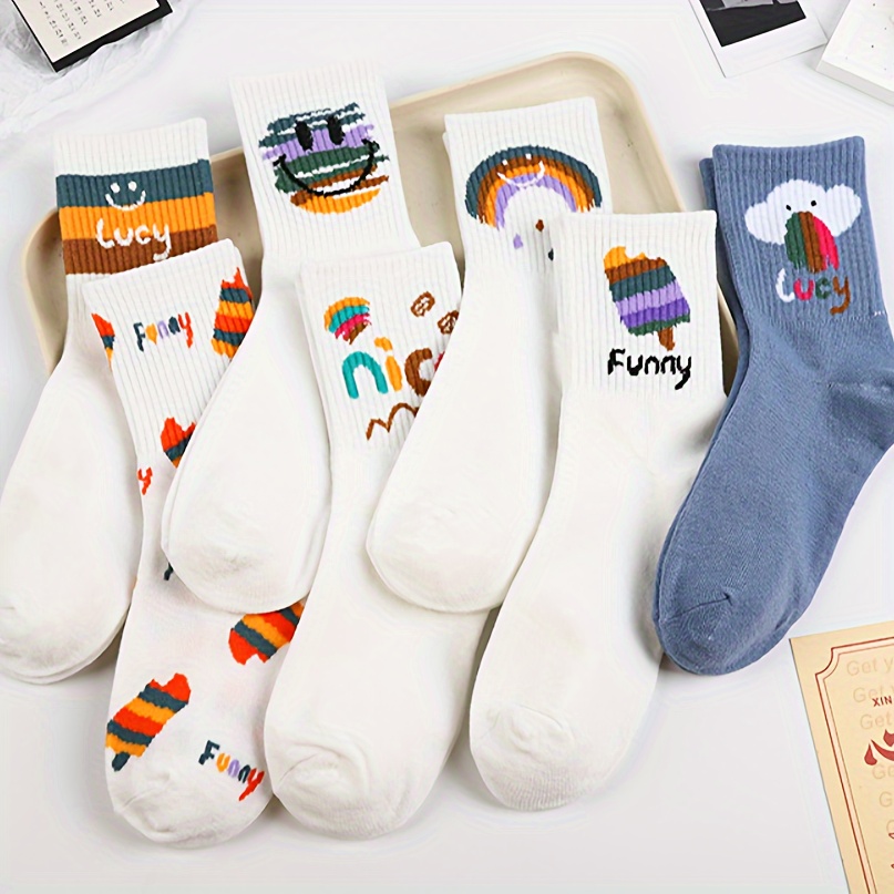 

7 Pairs Rainbow Cartoon Socks, College Japanese Style Mid Tube Socks, Women's Stockings & Hosiery