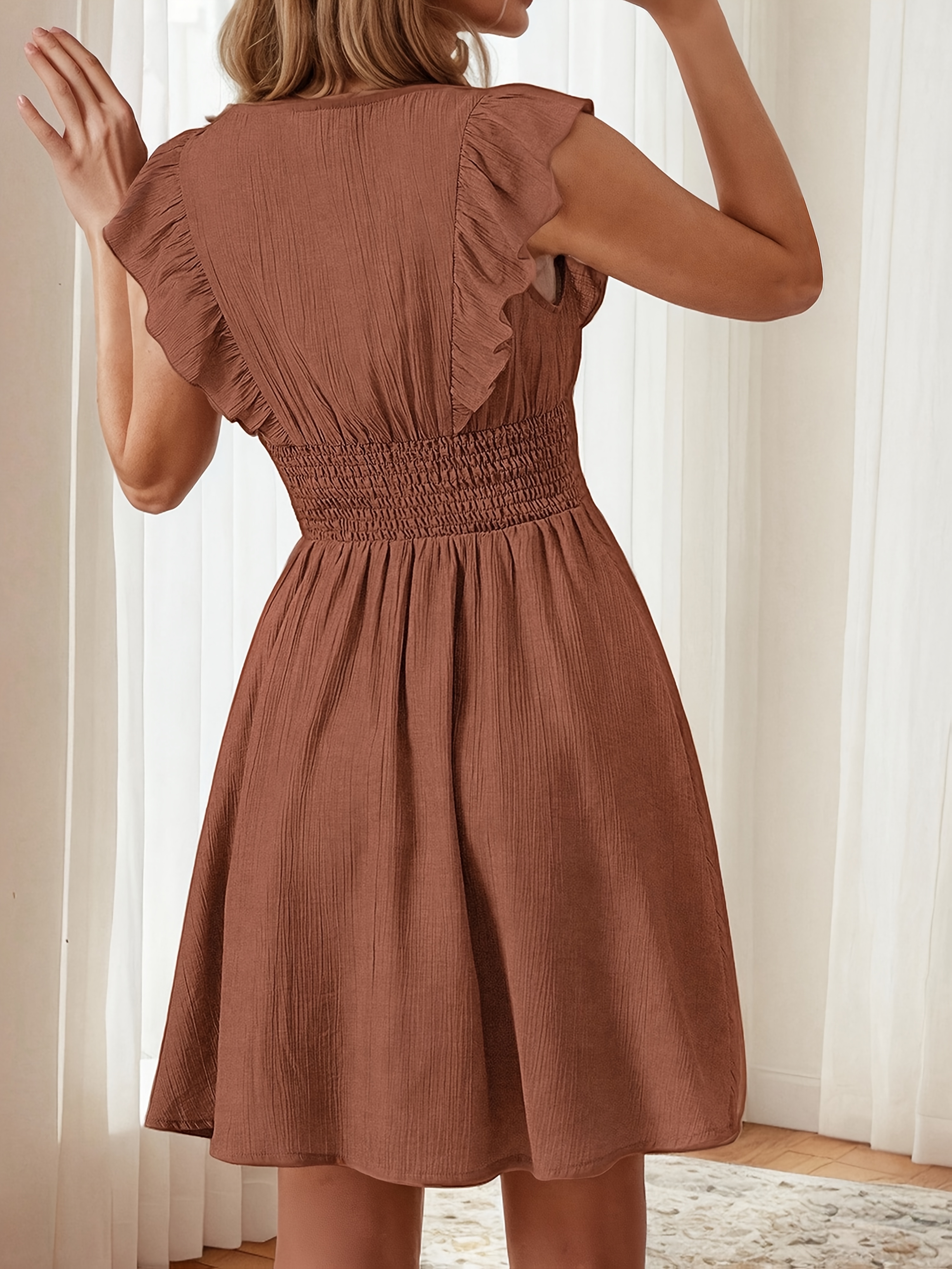 elegant v neck peplum dress brown solid color polyester - Temu Mauritius