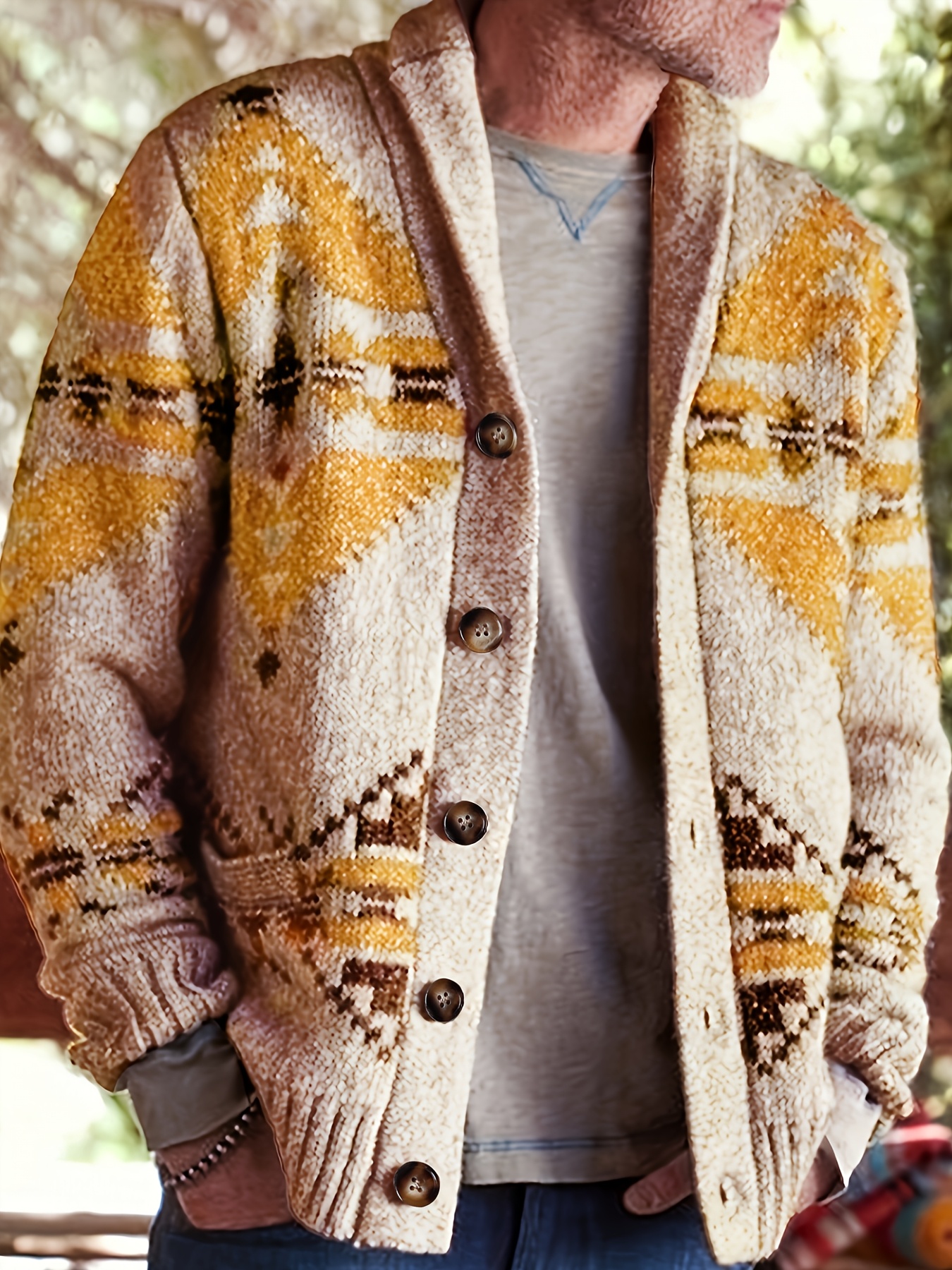 Vintage Geometric Pattern Cardigan Men's Vintage Style Long Sleeve