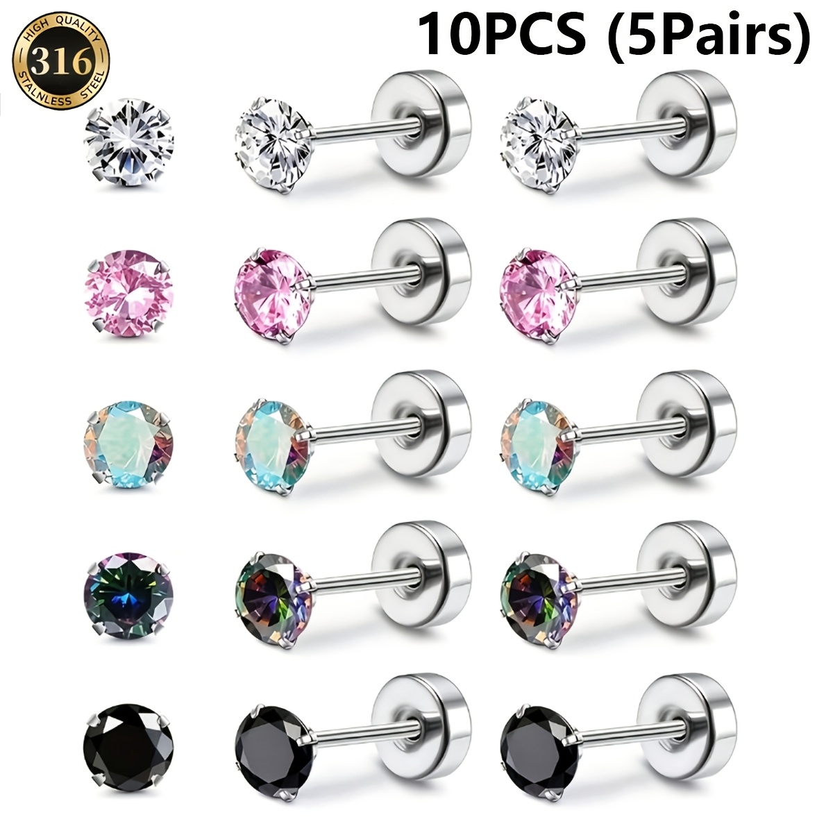 TEMU 10 piezas (5 ) de aretes de acero inoxidable redondos con circonita cúbica sintética, compatibles con perforaciones de cartílago. Perfectos para