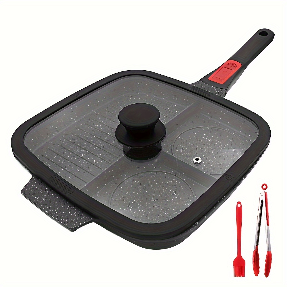 

3 Section Grill Pan For Stove Tops With Detachable Handle, Nonstick Griddle Pan With Lid, Square Free, Black