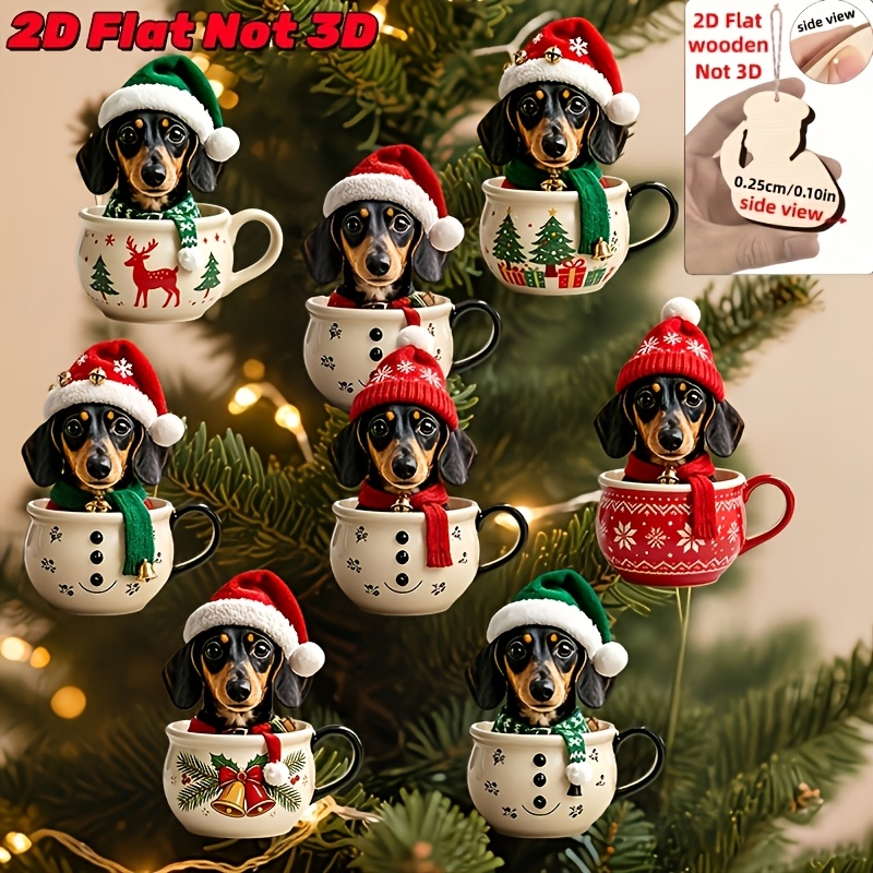 TEMU Set de 8 colgantes de madera planos 2D con diseño de perro salchicha navideño, cachorros con diferentes decoraciones navideñas, adornos para