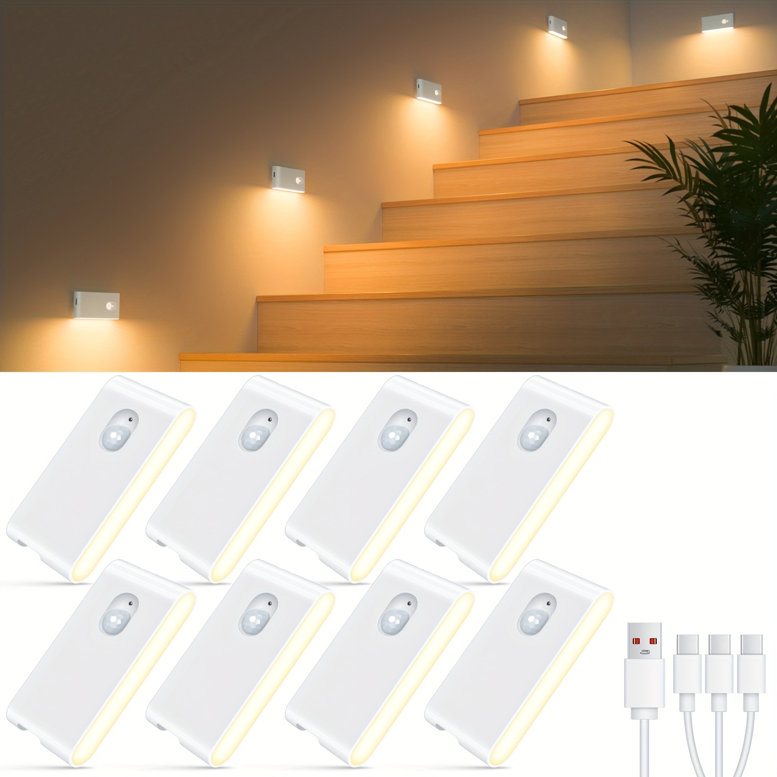 TEMU 4/8pcs Motion Sensor Lights Indoor, Rechargeable Night Light Stick On Wall, 2700k & Type-c Usb Rechargeable Stair Lights, Magnetic Lights For
