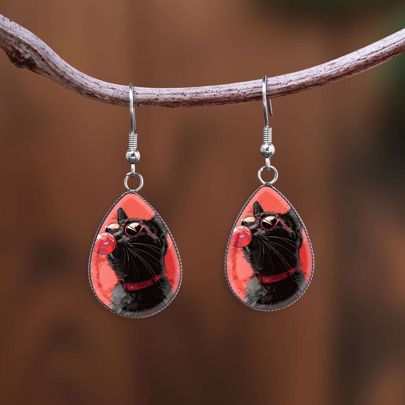Cartoon Black Cat Blowing Bubbles Pattern Earrings