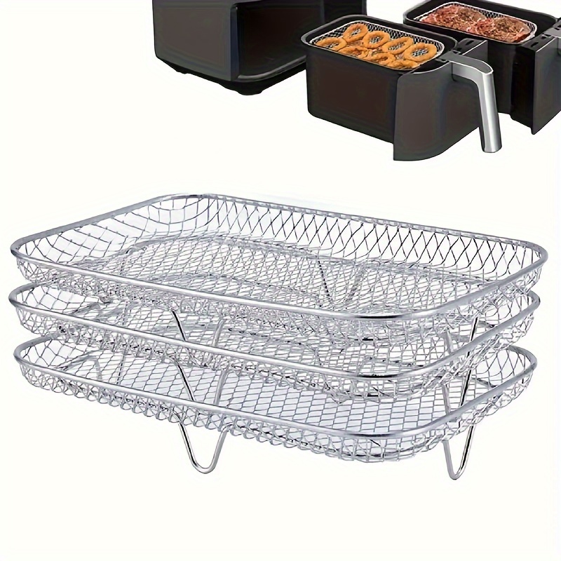 TEMU 3-layer Air Fryer Grilling Rack, Rectangular Stainless Steel Dehydrator Vegetable Fruit Baking Rack, Air Fryer Additions For Ninja Dual Basket,