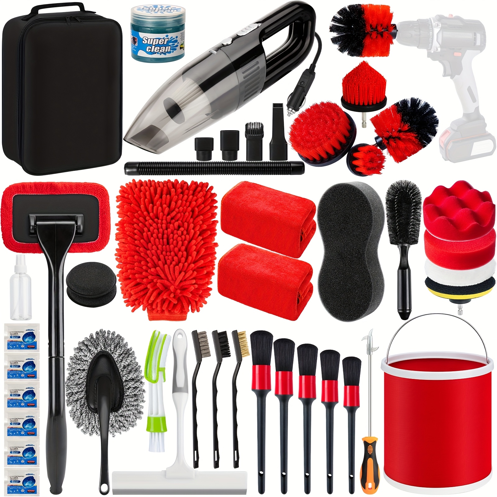 TEMU 44pcs Car Wash Cleaning Kit, Windshield Cleaning Tool, Tire Brush, Towel, Car Vacuum With Detail Brush Foldable Bucket, Full Set Of Car Interior