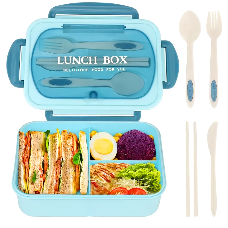 LDQ BPA-Free 3-Compartment Leak-Proof Lunch Box with Secure Locking Lid & Built-In Utensils - Microwave-Safe, 4 Colors (Green, Pink, Beige, Blue) - Durable Plastic Food Containers for School, Work, Outdoor Dining, School Meal Storage, Stackable Food Containers, Microwavesafe Containers