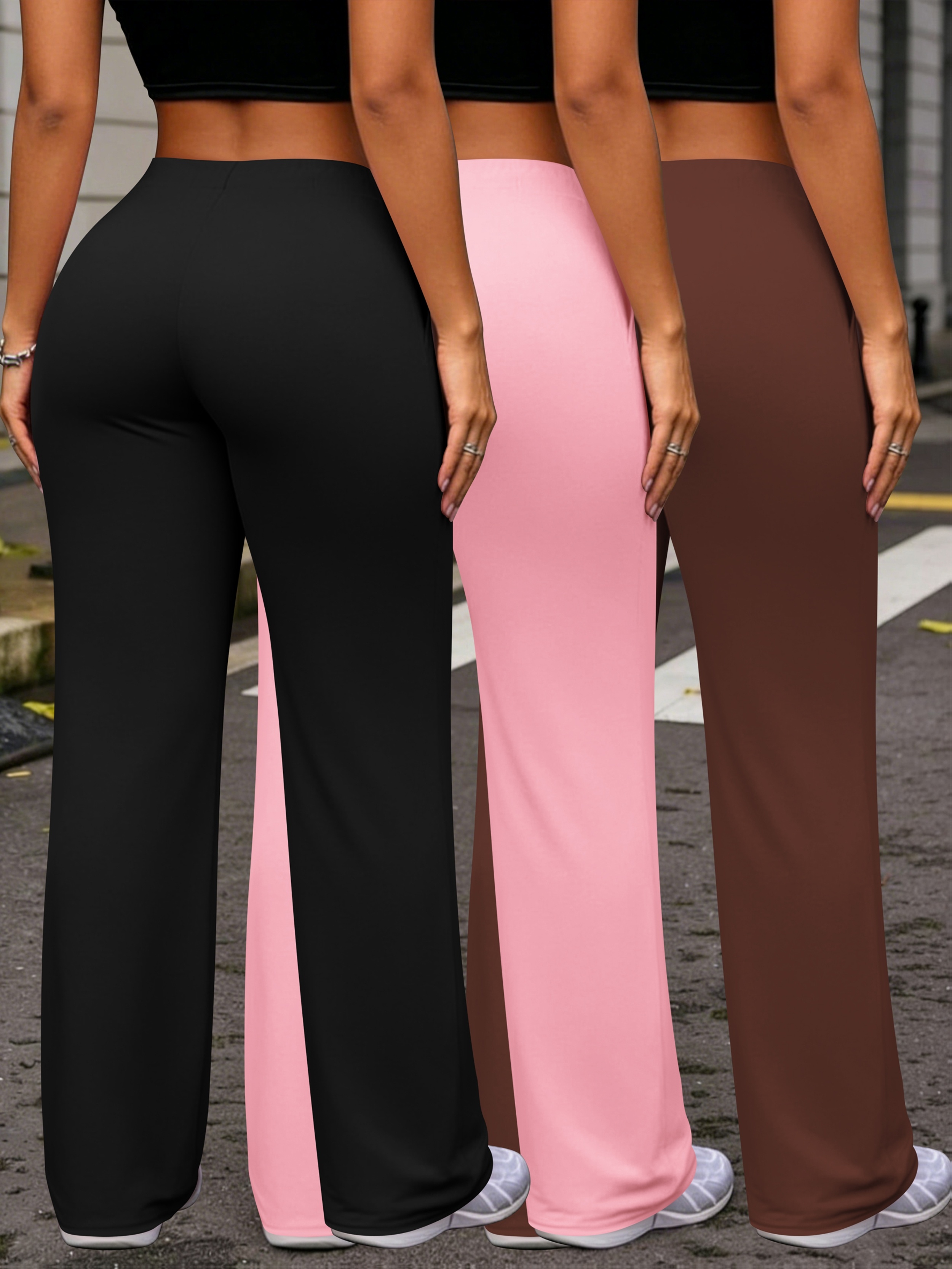 Women'S Casual Three-Piece Wide-Leg Pants, Drawstring Waist Pocket Comfortable Versatile Solid Color Style Trousers