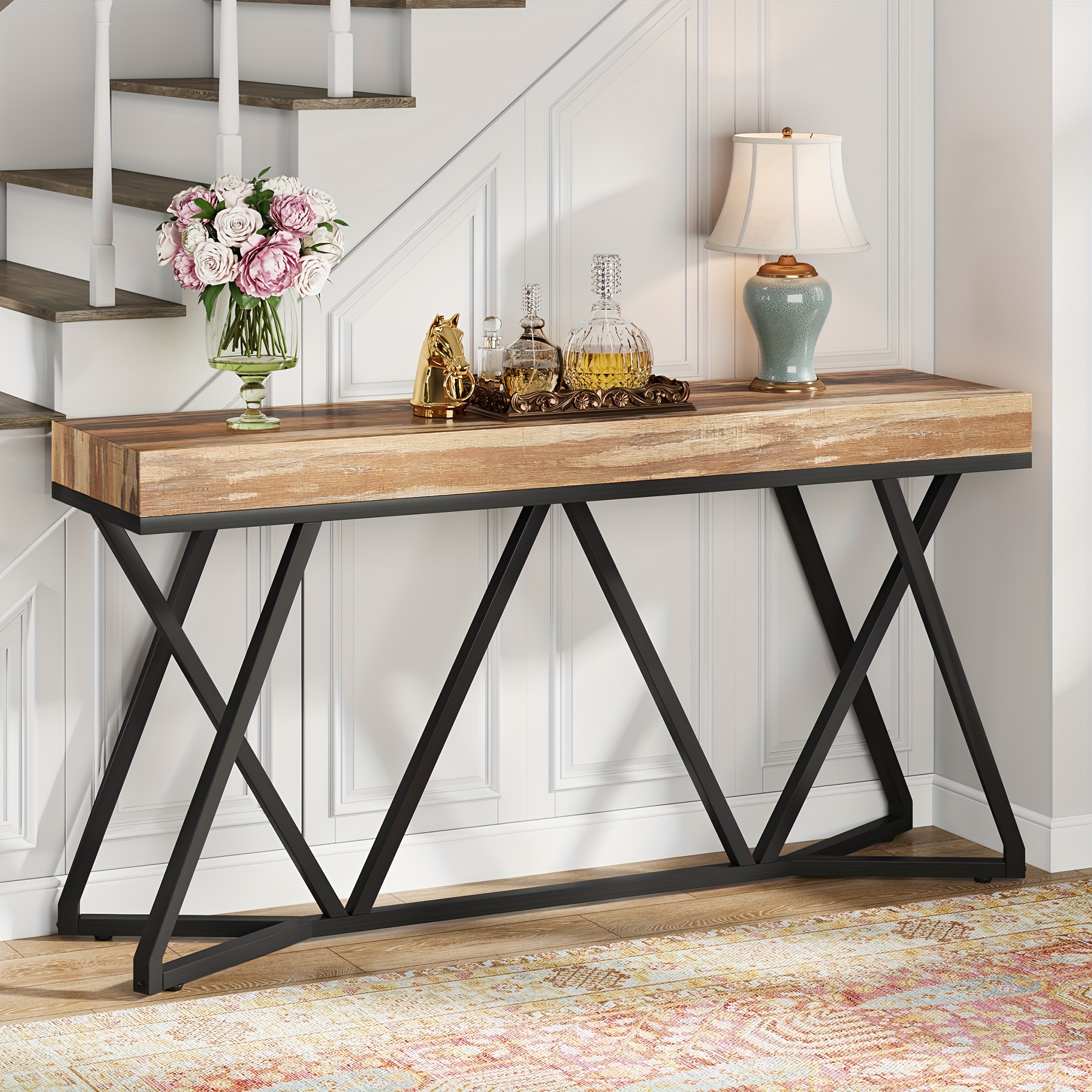 

55 Inches Console Table, Farmhouse Sofa Table Wood Entryway Table With Unique Metal Base, Behind The Couch Table Foyer Table, Industrial Accent Table For Hallway, Living Room, Entrance