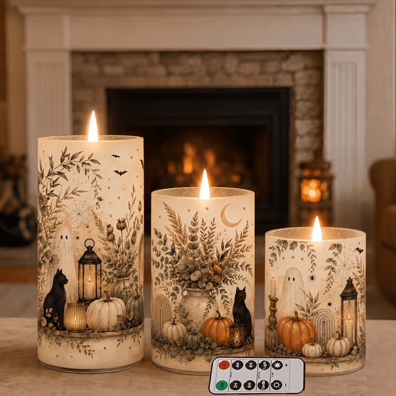 TEMU Halloween Autumn Flameless Led Cylindrical Candles 3pcs, Battery Driven Flickering Real Wax Electric Candles, Cat Pumpkin Eucalyptus Moon Bat