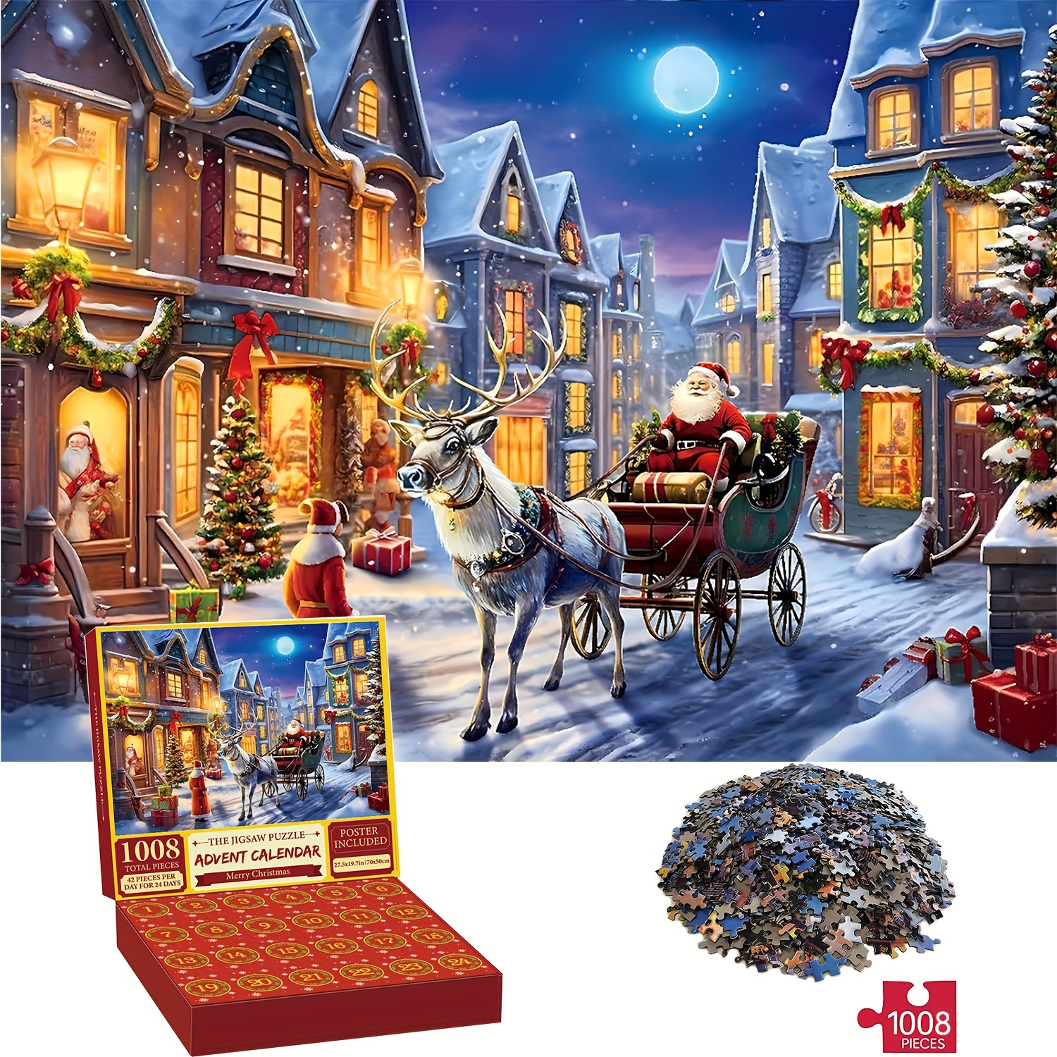 1008 Weihnachts-Puzzle – Dicke & langlebige nahtlose Puzzles mit Santa, Rentier und Schnee- -  – 24-Tage-Adventskalender-Zählung – Familien- und Erwachsenen-Freizeitaktivität – Geburtstags-/Erntedankfest-/Weihnachtsgeschenk – Robuste Kartonkonstruktion – Ideal für   oder  -Puzzle, festliches Design, hochwertiger Druck, Kollektionspuzzle, klassische Weihnacht , traditioneller Feiertagdruck,  , Weihnachts-Puzzles, Weihnachts-S-Kalender-Anmeldepuzzle von Großvater