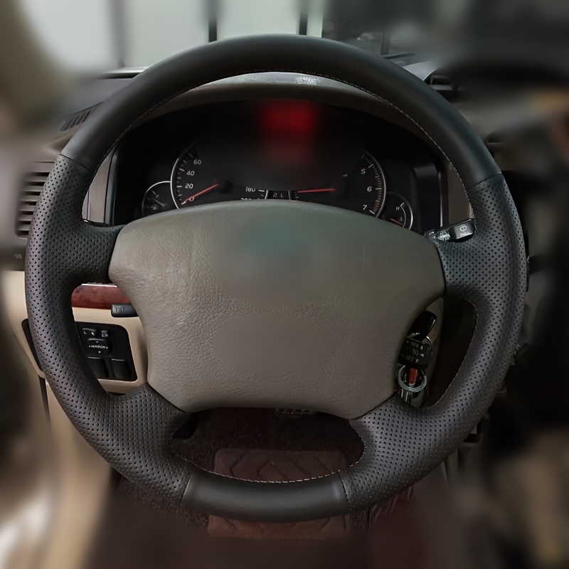 TEMU 1pc Black Hand-stitched Steering Wheel Cover, Minimalist Fiber Material, Breathable And Comfortable Grip, Fit For Models - Dominant