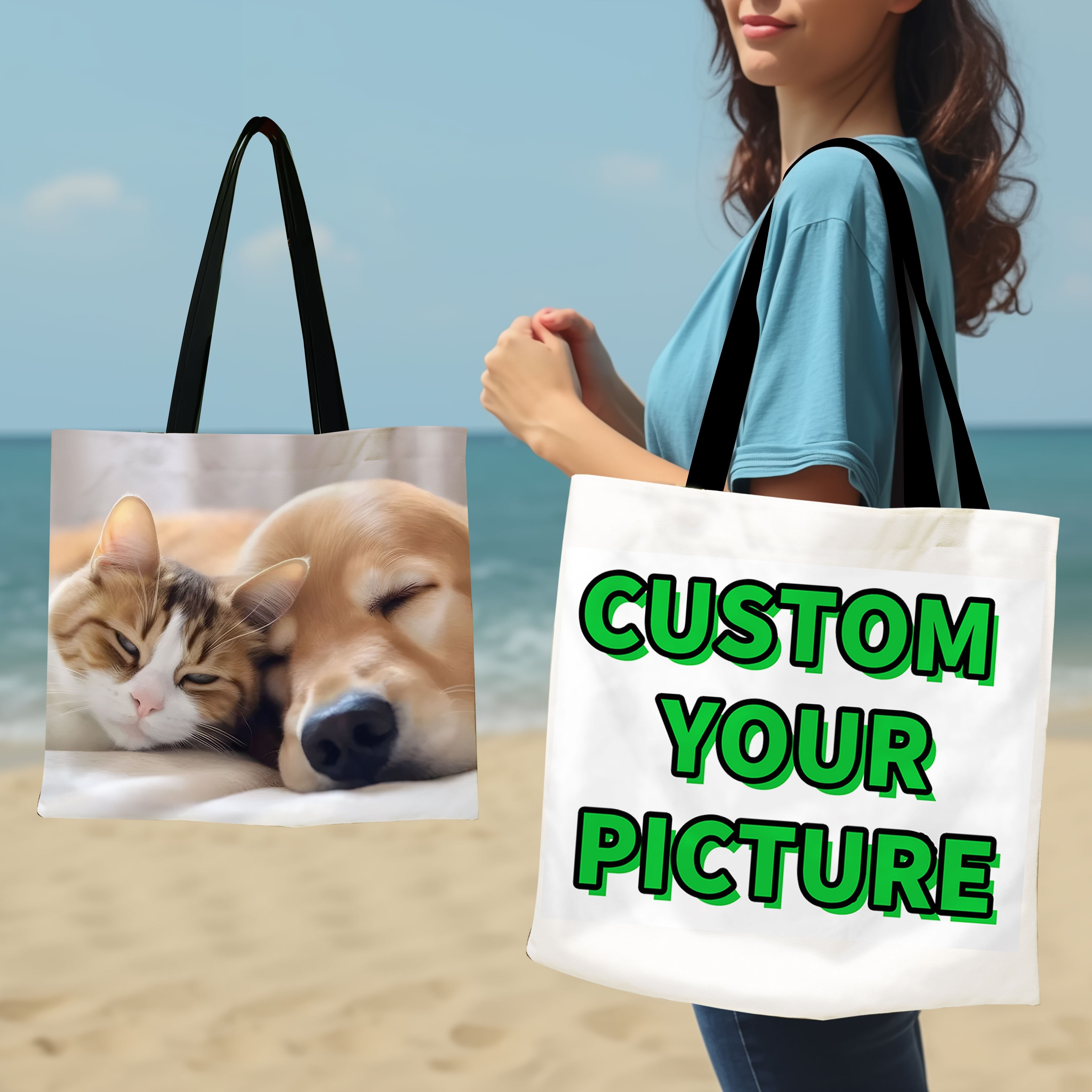 

1pc Customizable Polyester Tote Bag With Personalized Image And Text, Foldable Reusable Grocery Shopping Bag, Reusable Shopping Bags