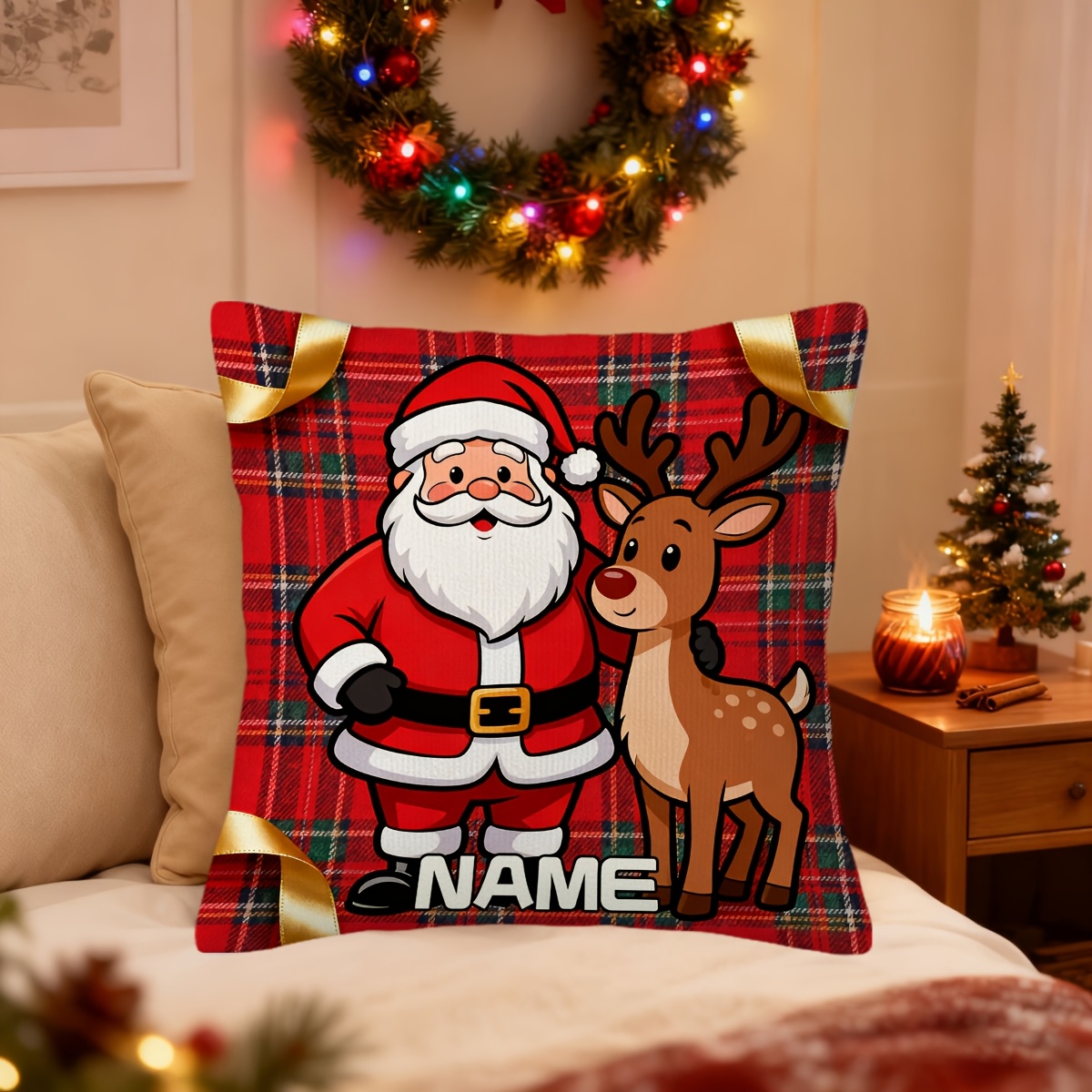 TEMU de almohada de 1 pieza con temática navideña y personalización de texto, estampado de Papá Noel y reno, de cojín decorativa festiva para sofá,