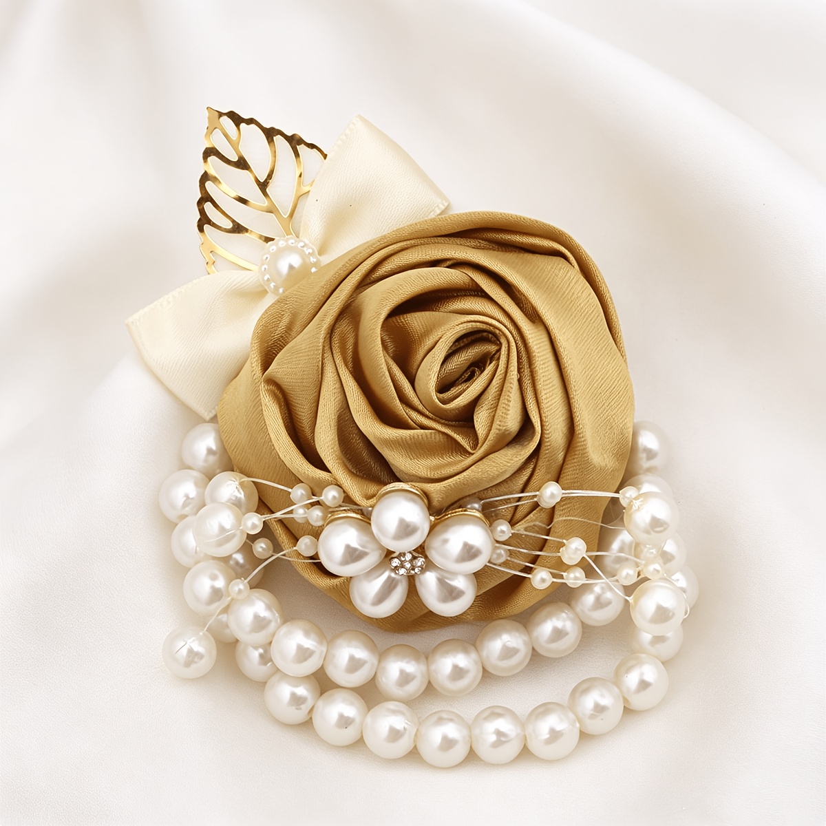 TEMU 1pc Elegant Light Golden Faux Bridal Bridesmaid Wedding Wrist Flower Bow Bead Decoration Pearl Hand Flower Suitable For Ball Activities Wedding