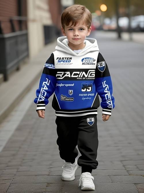 2pcs set of boys casual letter hooded sweatshirt suits casual motorcycle print clothing suitable for school commuting and daily wear suitable for spring and autumn
