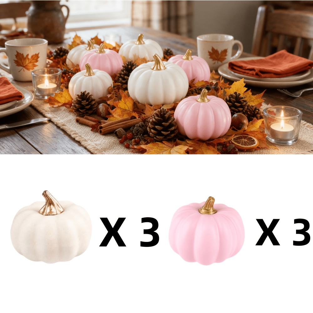 TEMU 6pcs Set Of Artificial Pumpkins (3 White And 3 Pink), Halloween Pumpkin Decorations, Halloween Entrance, Bookshelf, Dining Table Desktop