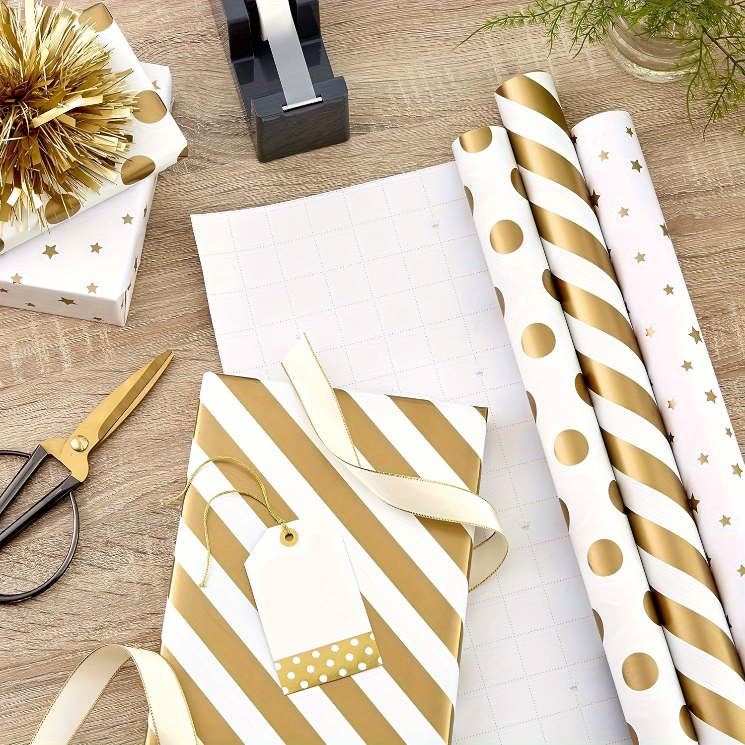 

Elegant Golden And White Wrapping Paper Rolls - Perfect For Festive Occasions: Valentine's Day, Birthday, Wedding, Graduation, Engagement, And Bridal Showers