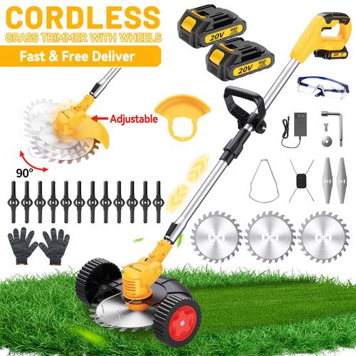 20v electric cordless grass trimmer with battery ortable home cordless electric lawn mower with wheels 3in 1 lightweight brush cutter edger with blade for garden and yard lawn and safe tool without battery