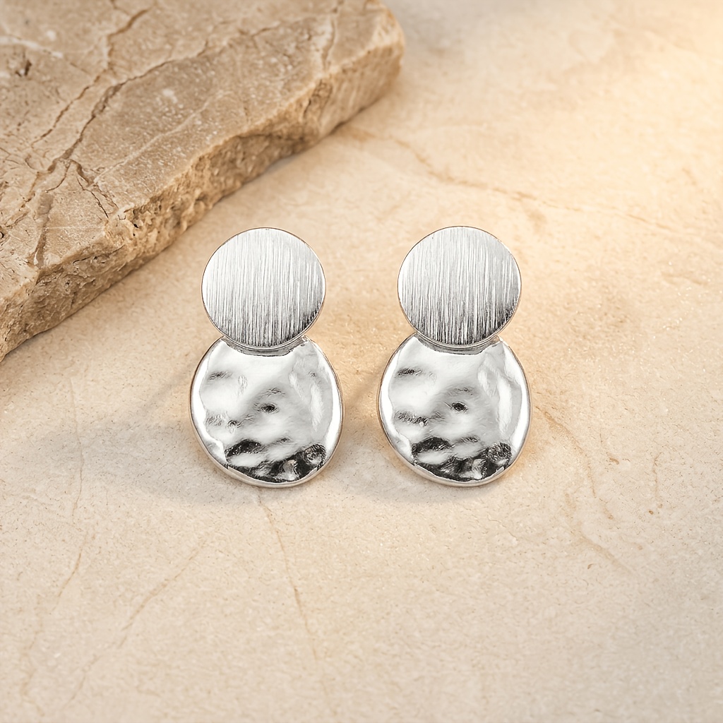 TEMU A Pair Of Double-layer Round Stud Earrings Featuring A Brushed Texture On Layer And A Reflective Finish On The Lower Layer. Designed With A
