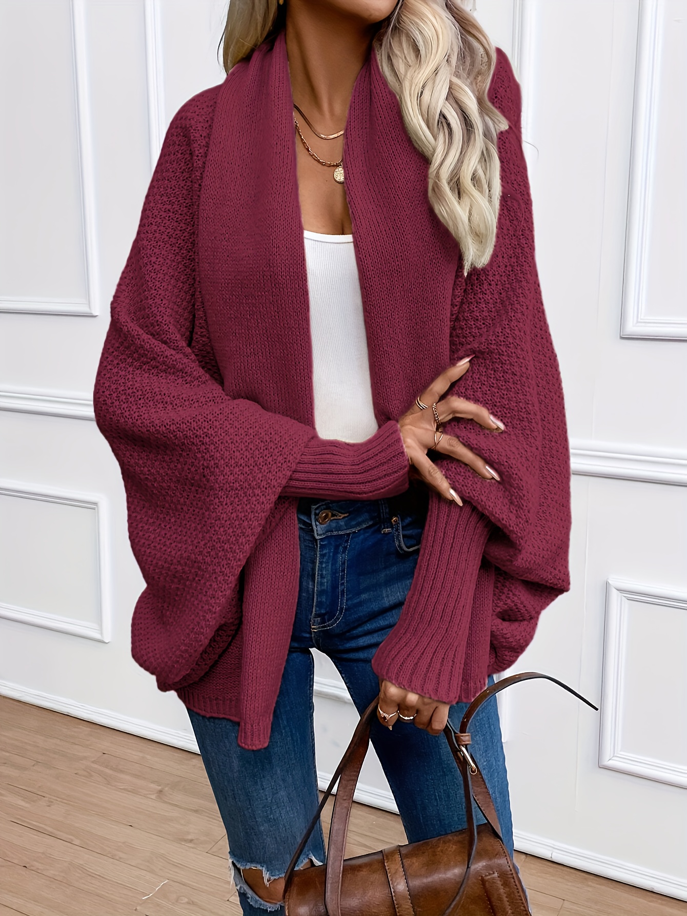womens elegant batwing sleeve cardigan soft maroon   open front sweater versatile for casual professional wear comfortable chic layering piece workwear essential stylish knitwear durable minimalist style breathable fabric modern wardrobe staple