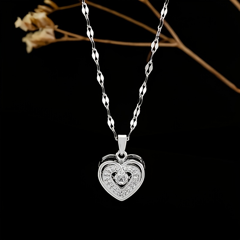 TEMU Fashionable Stainless Steel Chain, High-end Synthetic Zirconia, Double-layer Dynamic Heart Pendant Necklace