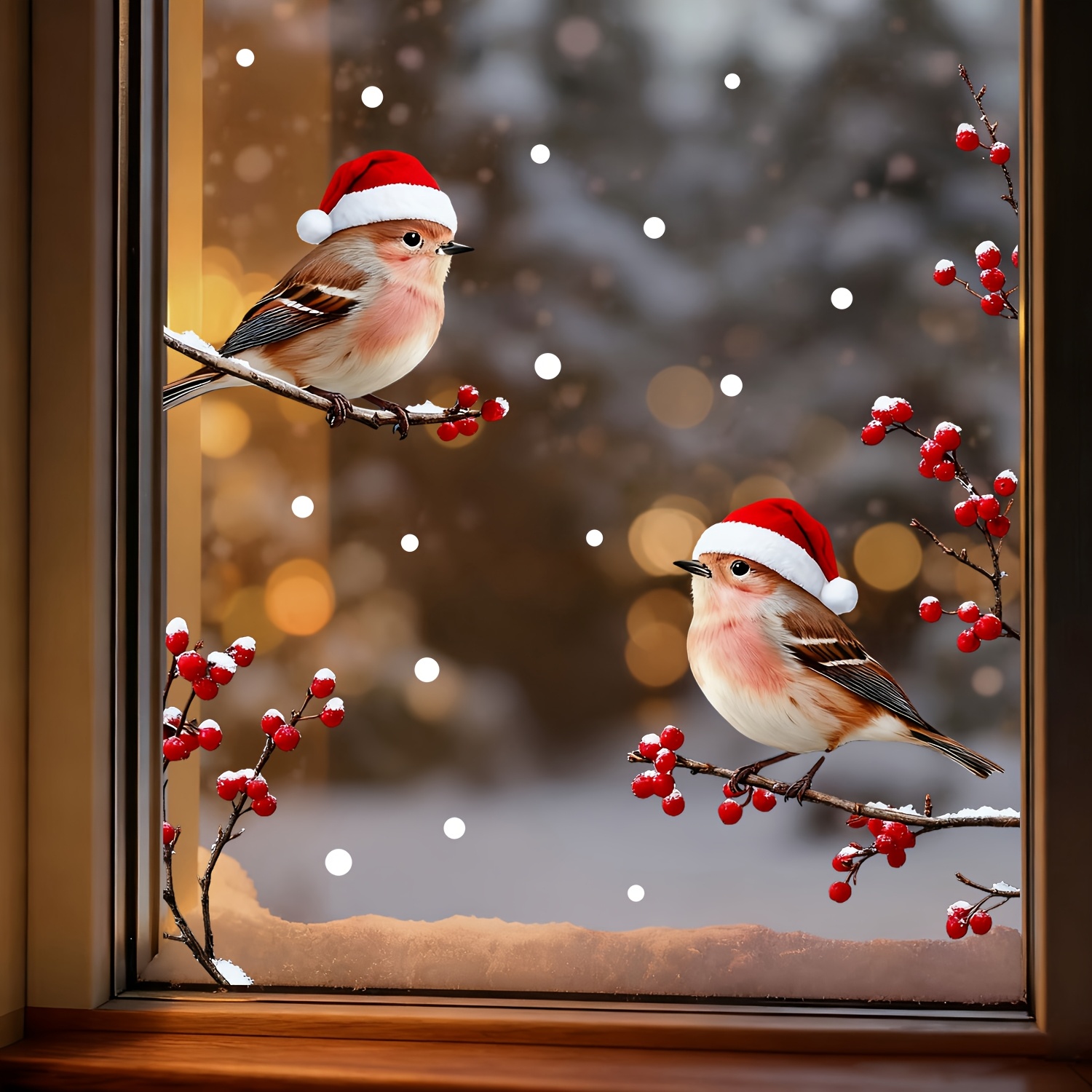 TEMU Festive Christmas Window Stickers: Birds In Santa Hats On Berry Branch With Snowflakes, Christmas Door Stickers, Wall Stickers, Refrigerator