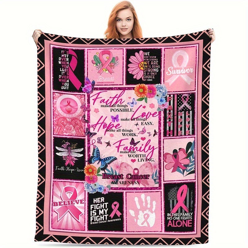 

Breast Cancer Support Flannel Throw Blanket - Inspirational Style Gift For Patients - Knitted Digital Print Polyester Fleece With Motivational Quotes And Patterns For All Seasons