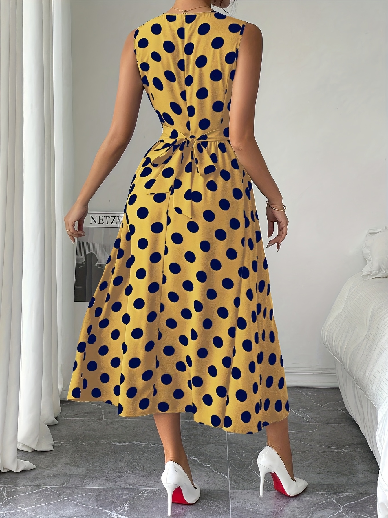 womens sleeveless waist fitted a line dress polka dots - Temu Mexico