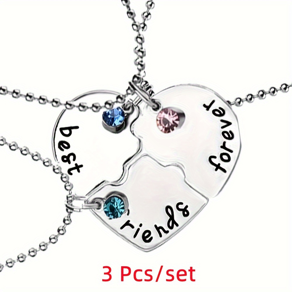 Image of 3pcs/set Fashion Heart Pendants Necklace Forever Bff Beads Chain Choker Necklace For Back To School Women Classic Jewelry Additions