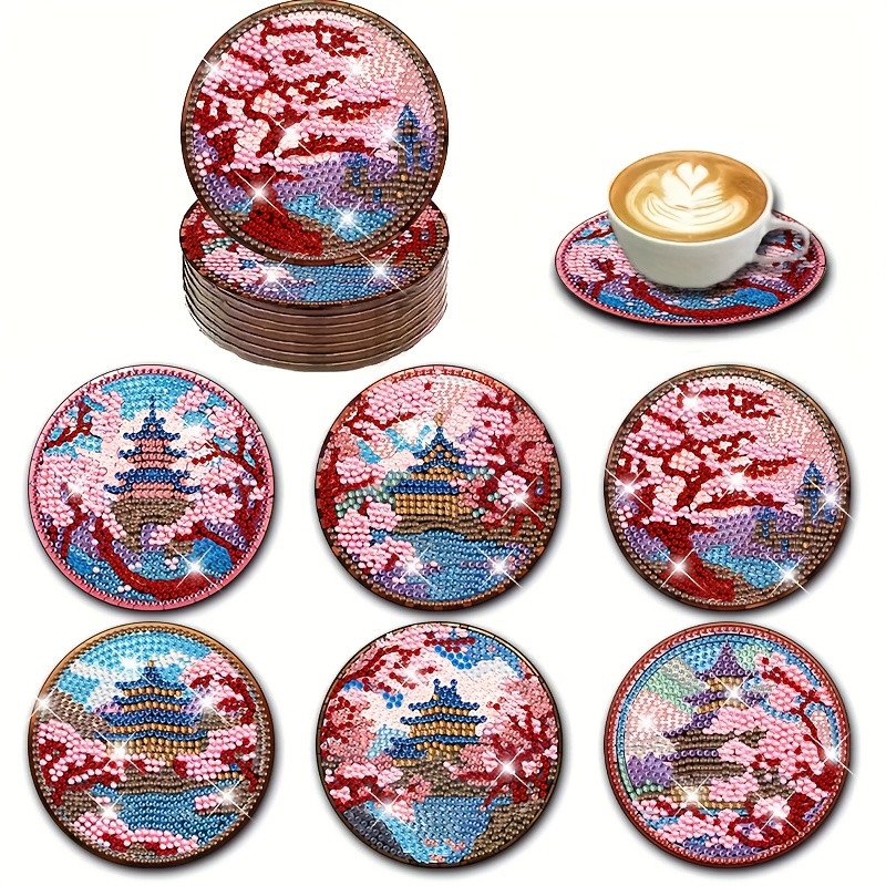 E-shop 6-teiliges Set Japanische Landschafts-Diamantmalerei-Untersetzer – DIY Kunstgetränkeuntersetzte, rutschfeste Auto-Cup-Halter, Tee- und