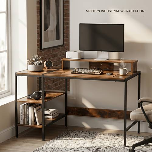 item picture rustic modern freestanding office desk black mdf hardwood computer desk with storage shelves metal frame easy assembly for home office or