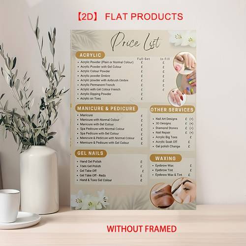 2d flat 1pc unframed canvas posters and prints 2d flat wall art poster salons 12x18 inches and 16x24 inches 30x40cm and 40x60cm nail salon price list decorative wall decor