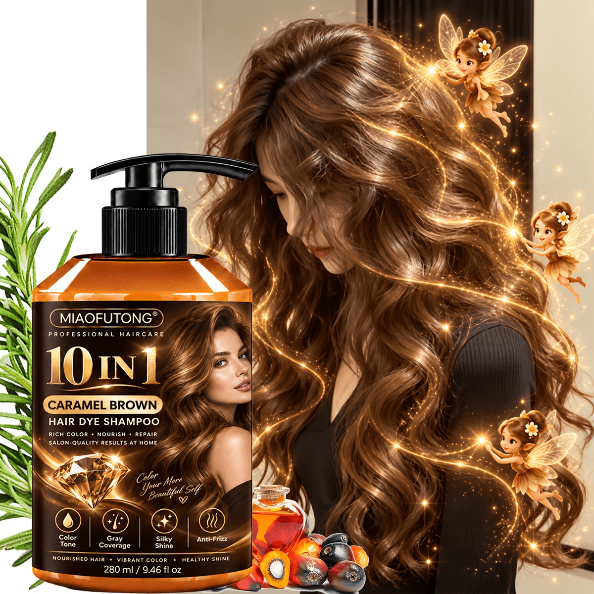 TEMU [warm Color Caramel Brown] 10-in-1 Hair Dye Shampoo 280ml, Instant Coverage, /loose Hair Shampoo, Moisturizing And Hair-protecting, Easy-to-use