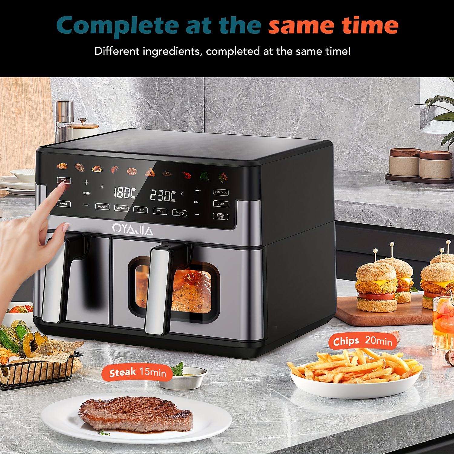 10L Luchtfriteuse-oven met dubbele mand, doorzichtige ramen, Sync-afwerking, Hi-Fry, automatische uitschakeling, 2 onafhankelijke (3,5L+6,5L) -aanbak, vaatwasserbestendige frituurmanden, digitale dubbele luchtfriteuse, grillen, braden, uitlekken, bakken