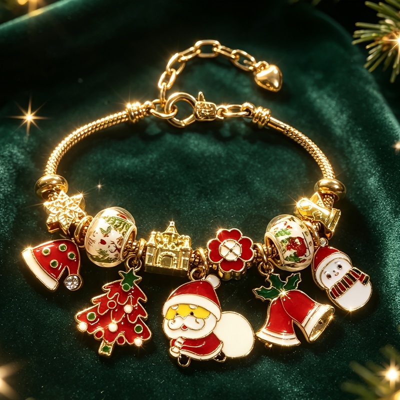 TEMU Christmas Themed Diy Beaded Snake Chain Bracelet With Santa Claus/christmas Tree/snowman/bell/christmas Hat/castle/glove Charms, Golden