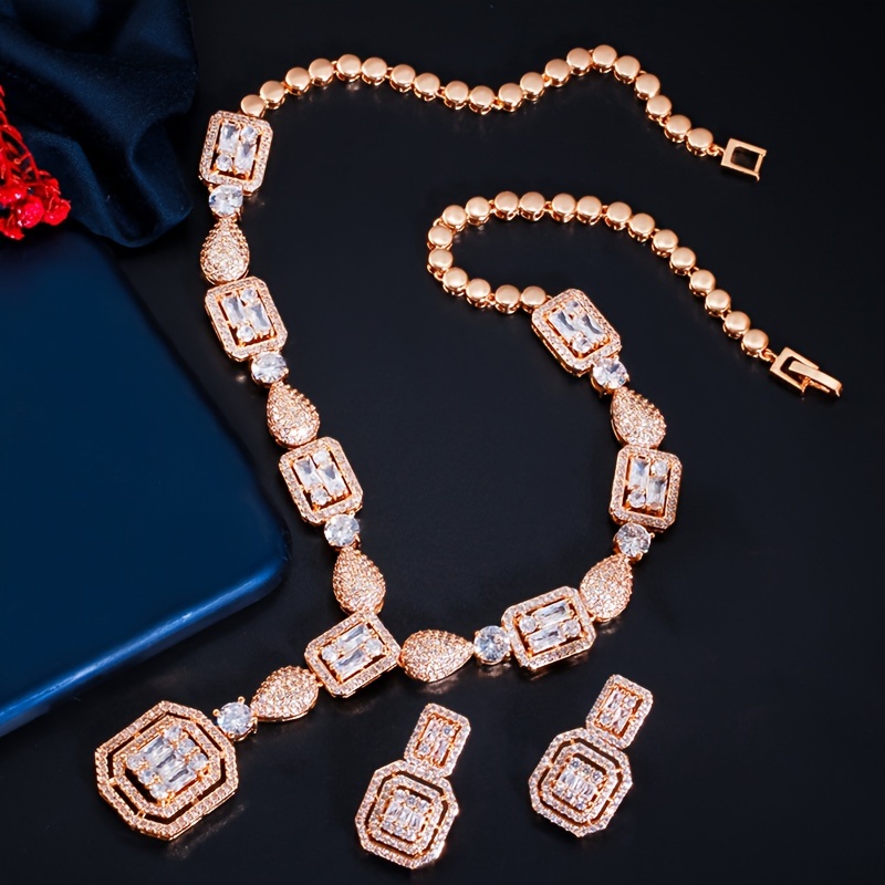 Golden Waterdrop & Rectangle Dangle Pendant Necklace Earrings Set