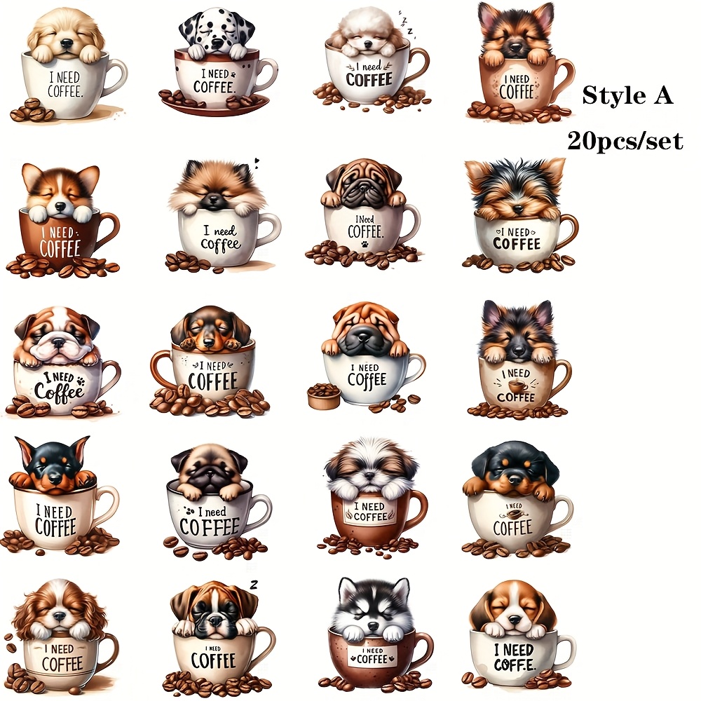 E-shop 20-teiliges Set Vintage Kaffeetasse, Kaffeebohnen Hund Handgemachte Aufkleber zur Dekoration, 2D Flachdesign, 2D Flach