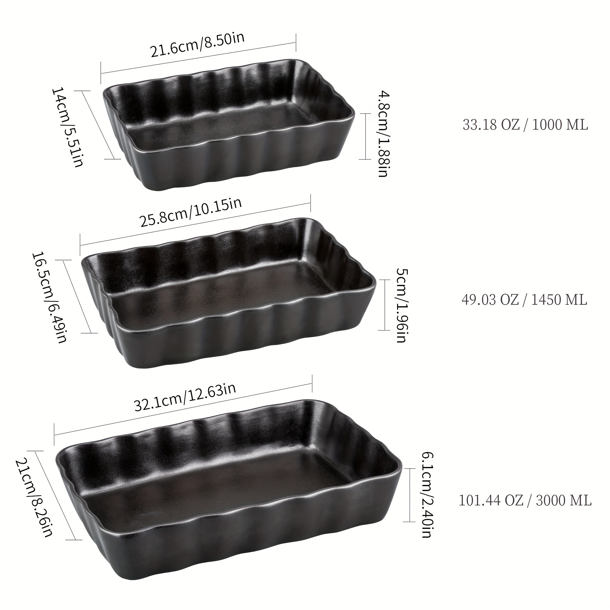 Rectangular Baking Dish Set Of 3 (1000ml/1450ml/3000ml), Oven To Table Baking Dish With Ceramic Handles Ideal For Lasagna/pie/casserole/tapas, Black