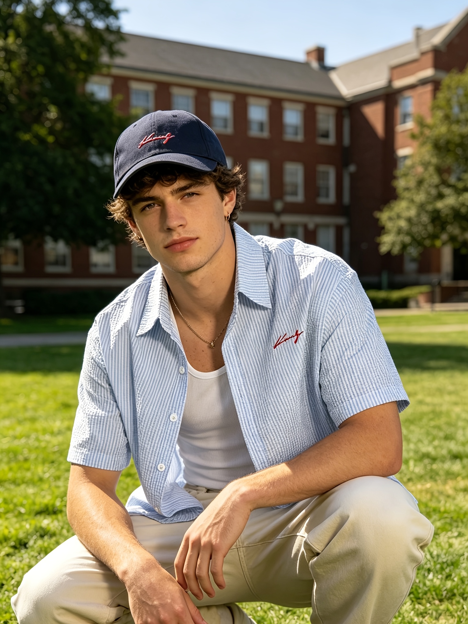 mens       blue cropped short sleeve shirt summer lightweight breathable bubble gauze striped embroidered streetwear brand loose fit cropped   shirt
