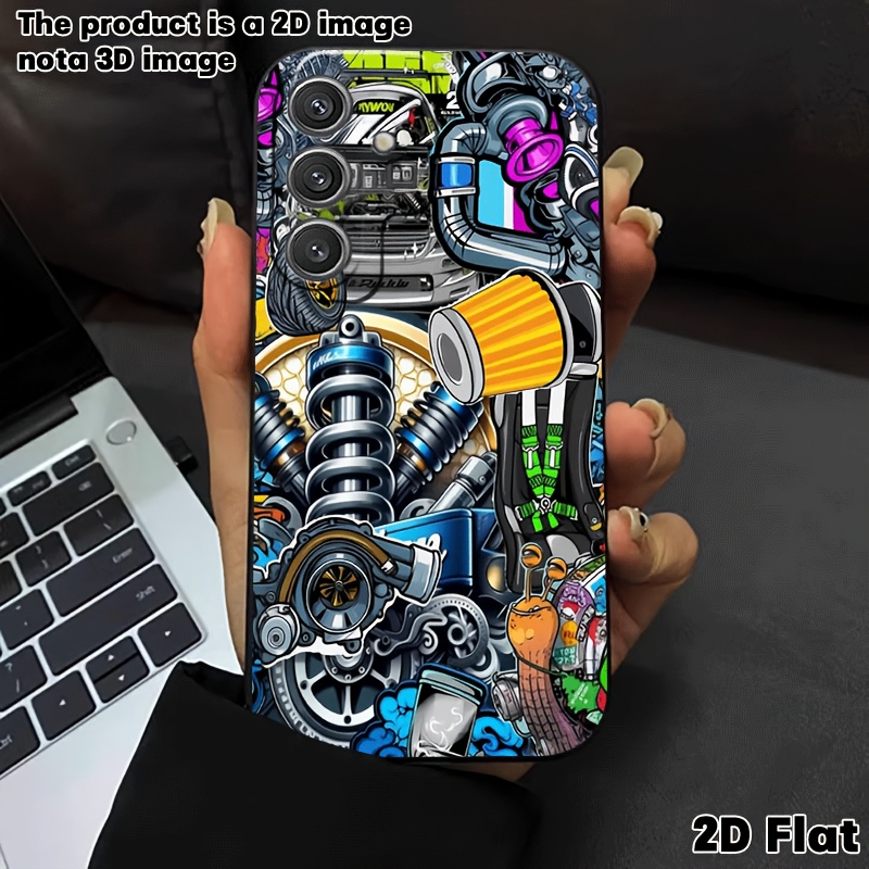 TEMU Phone Case - 2d Flat Car Modification Illustration Suitable For Phone Case Galaxy A73 A55 A54 A53 A52 A51 A50 Galaxy S24 S23 S22 Texture Black