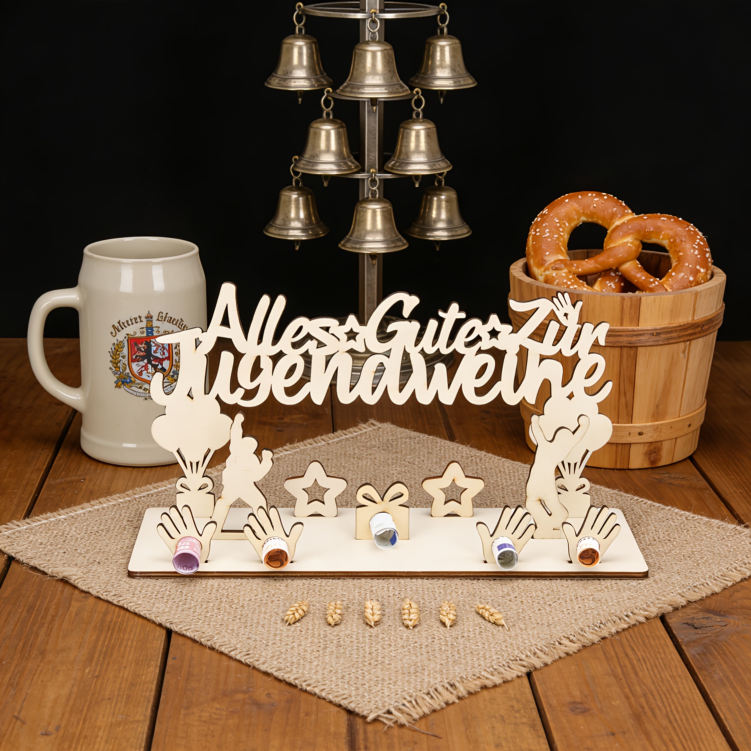 Image of Wooden "alles Gute Zur Jugendweihe" Sign | Modern German Coming-of-age Celebration Decor With Geometric Symbols And Festive Message, Ideal For Bar-and-bat-mitzvah, Birthday, And Festive Occasions