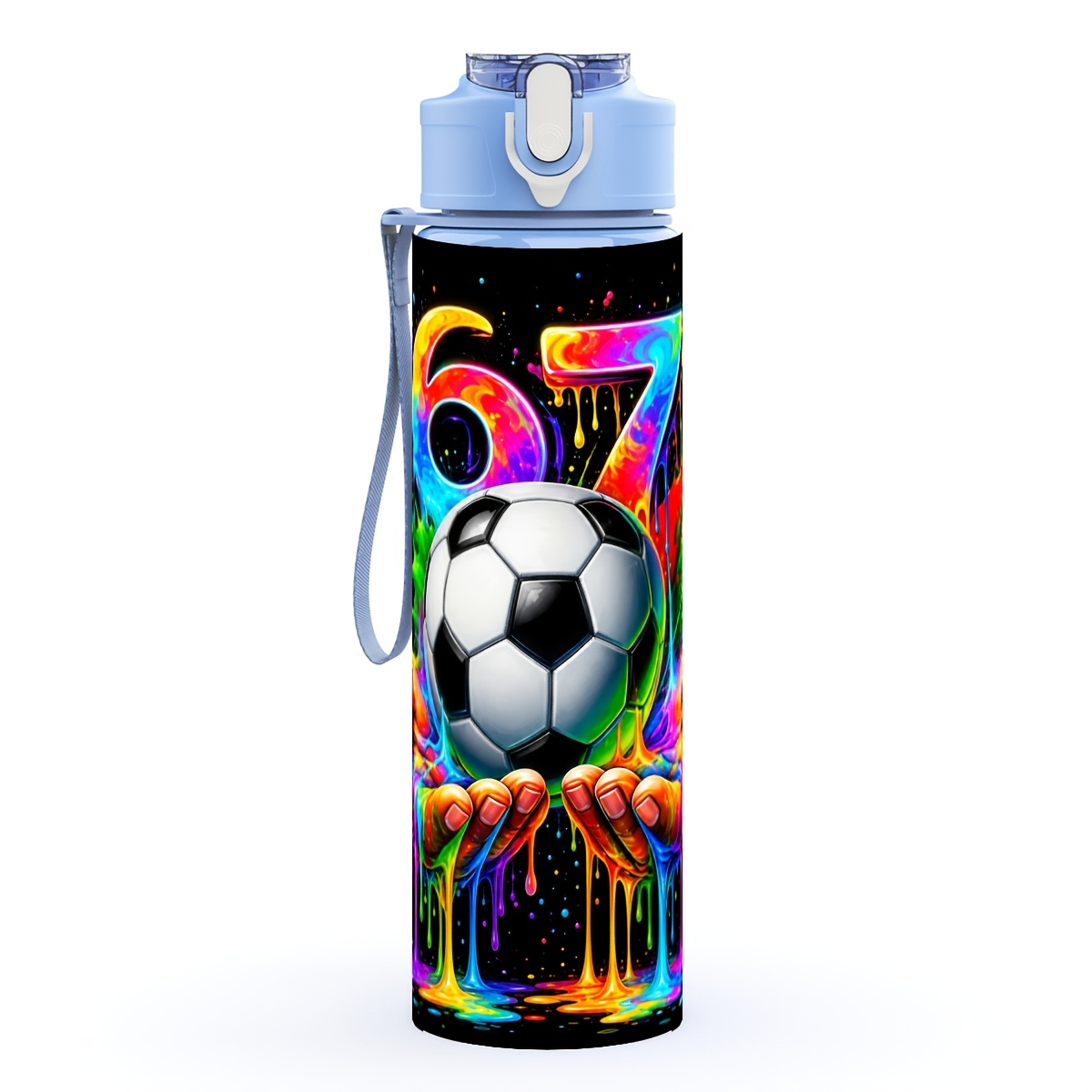 TEMU 1pc Hands Holding Soccer Number 67 25oz Plastic Sports Water Bottle, Minimalist Appearance Portable Cup, With Push-button Open, Carry Loop, For