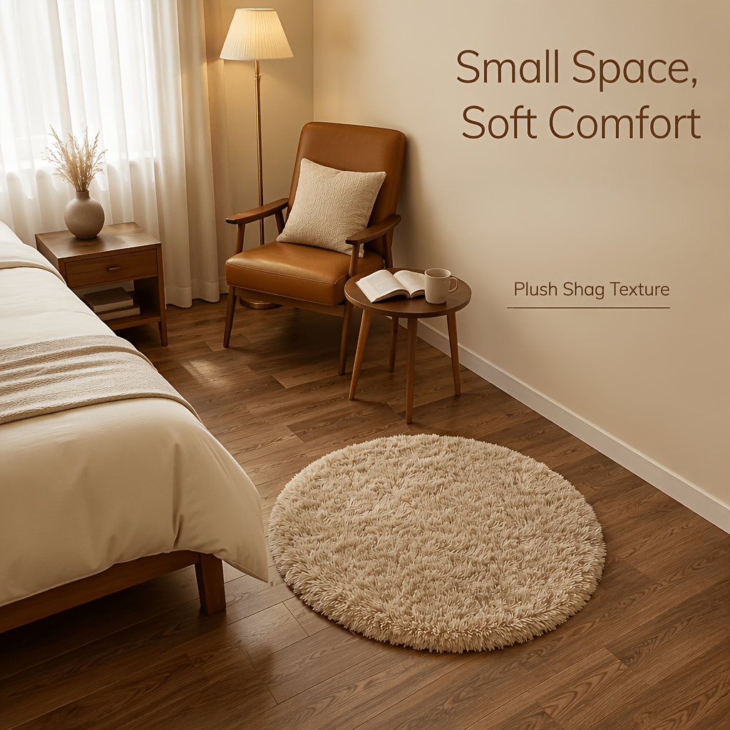 TEMU 1pc Velumis Handmade Camel-colored Plush Rug Suitable For All, Round Long-pile Suitable For Bedroom,,, Room, Hand Washable Shedding-resistant