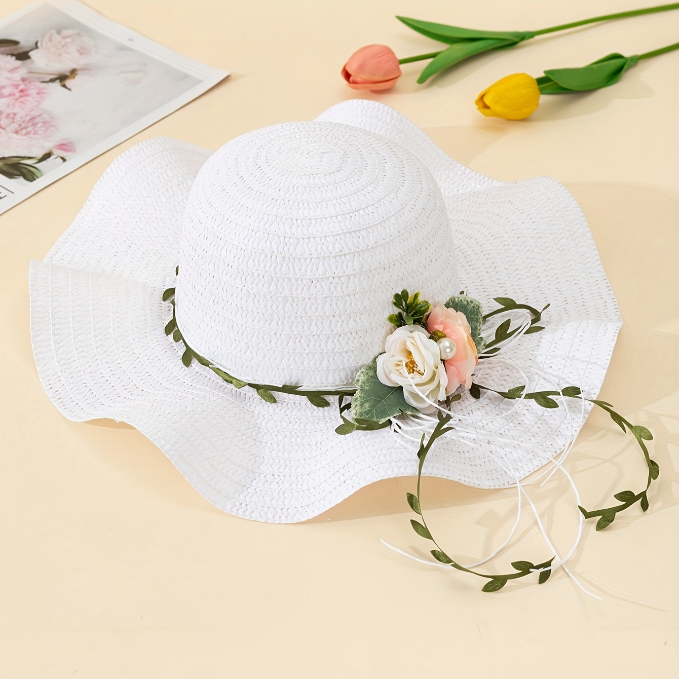 1pc elegant white straw hat floral accent breathable non 